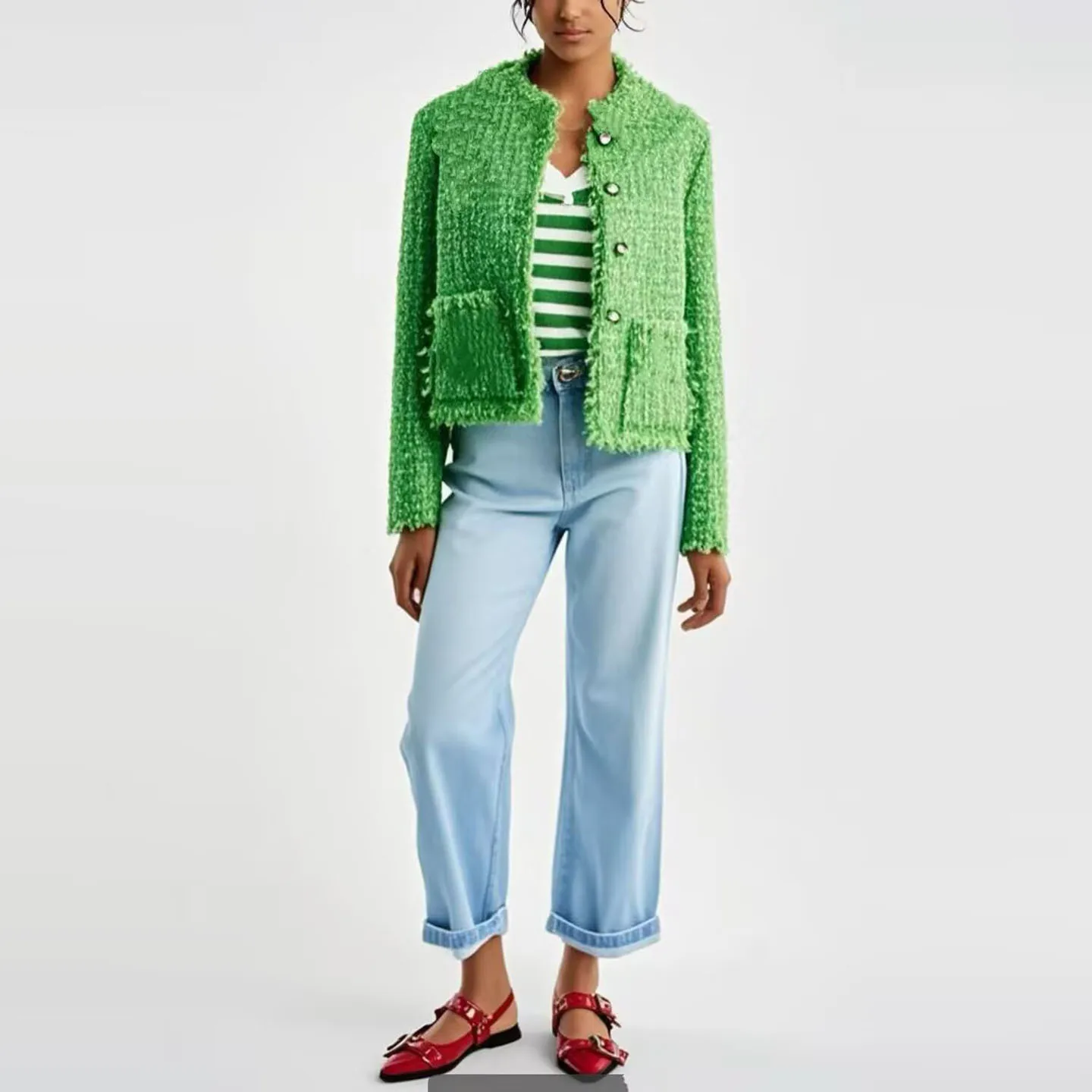 

Восстанавливаемая верхняя одежда с тонкой отделкой кисточками для женщин, осень 2024, Новое поступление, маленькое пальто из полиэстера с воротником-стойкой