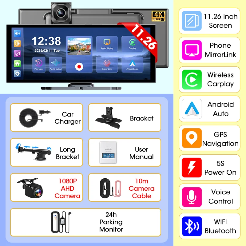 Develuck NIEUWE 11.26 inch 4K DVR Draadloze CarPlay en Android Auto Draagbare Dash Cam Auto Scherm Video Recorder 5G WIFI Navigatie