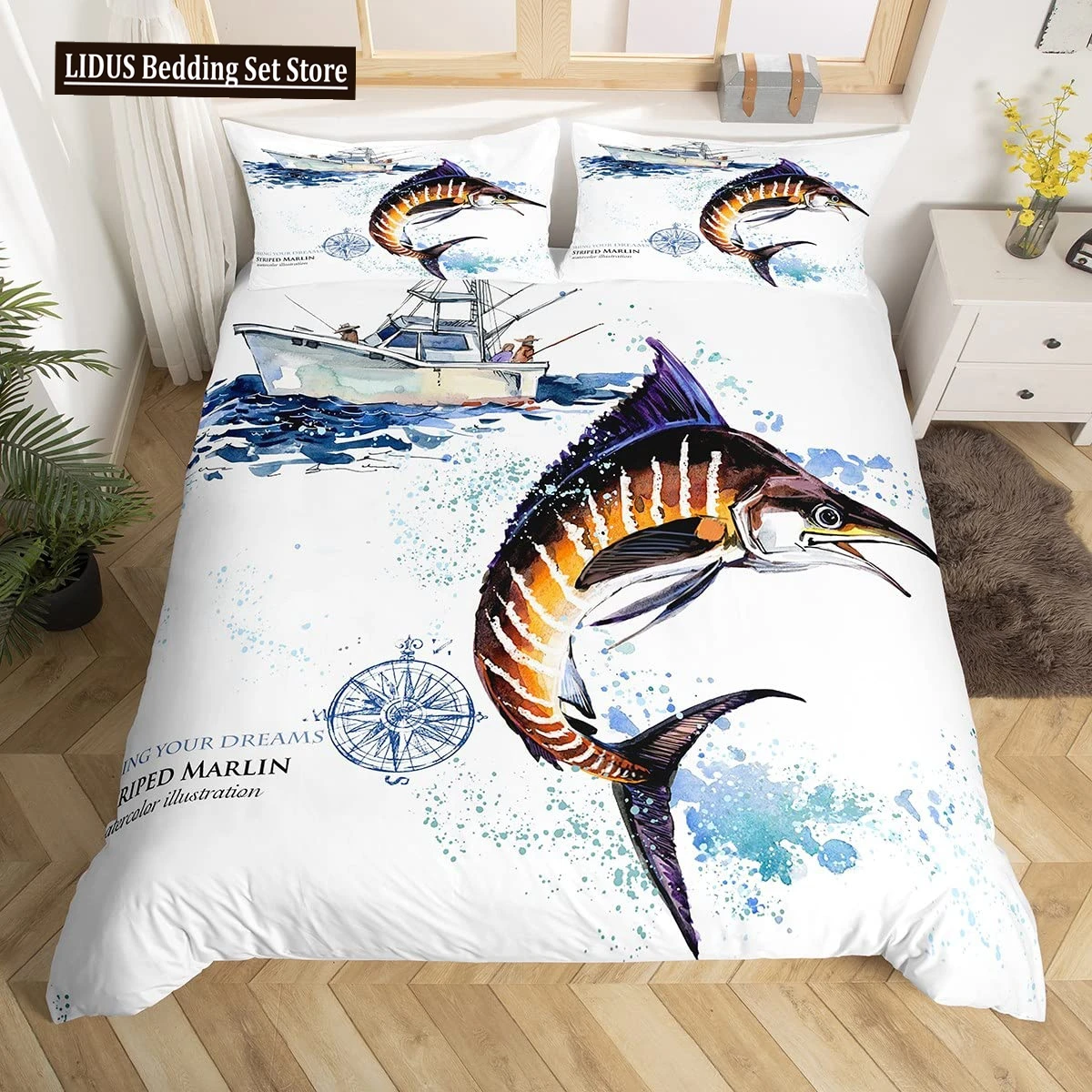 

Marlin Swordfish Duvet Cover Set Hunting Fishing Bedding Set Tie Dye Sea Fishing Boat Marine Life Nautical Comforter Cover Queen