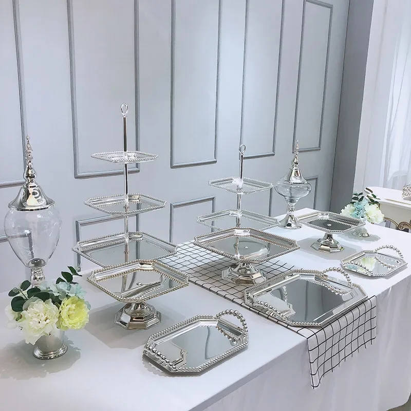 

Dessert Table Metal Decorative Display Rack Glass Candy Jar Silver Pearl High Foot Cake Pan Dessert Plate Storage Tray Vase