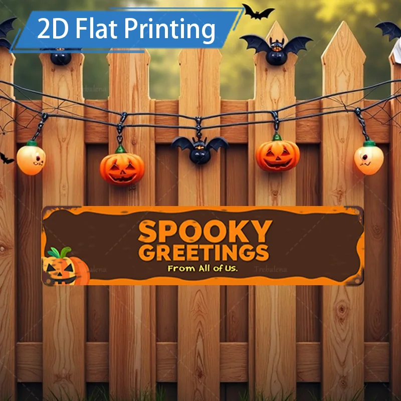 1pc metalen bord, 4x16inch Halloween Spooky Greetings Banner met pompoen en vleermuisdecoraties voor hek