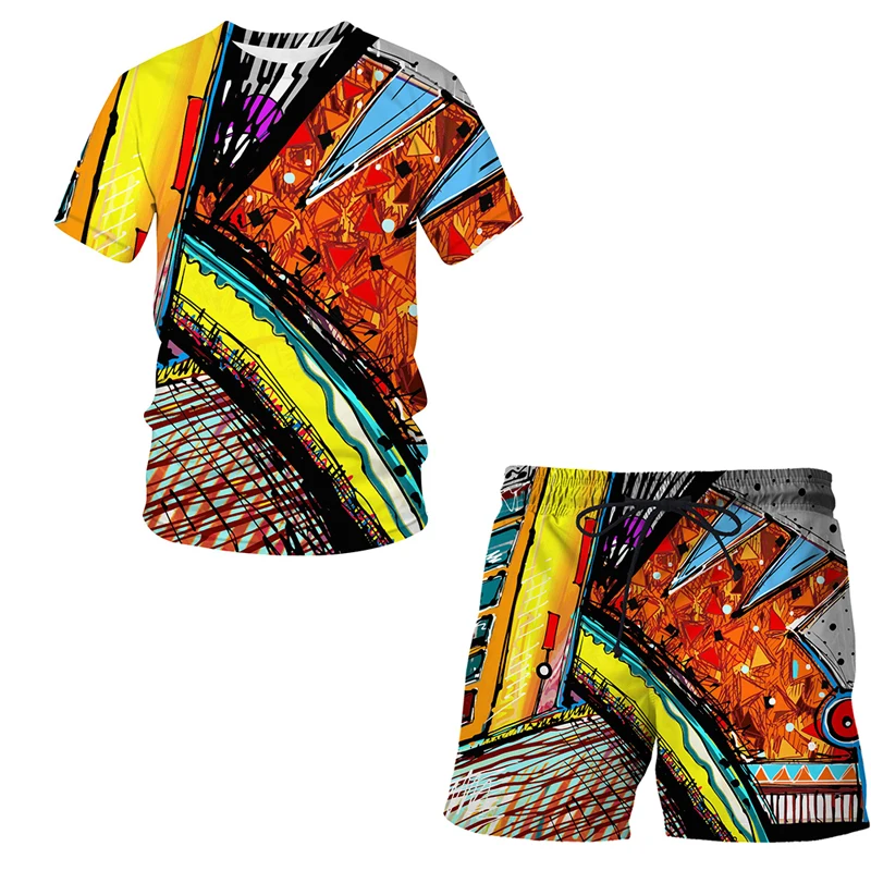 

2021 Summer new Color graffiti art Men's Sets T Shirts+Shorts Two Pieces Sets Casual Tracksuit funny Sportswears board shorts