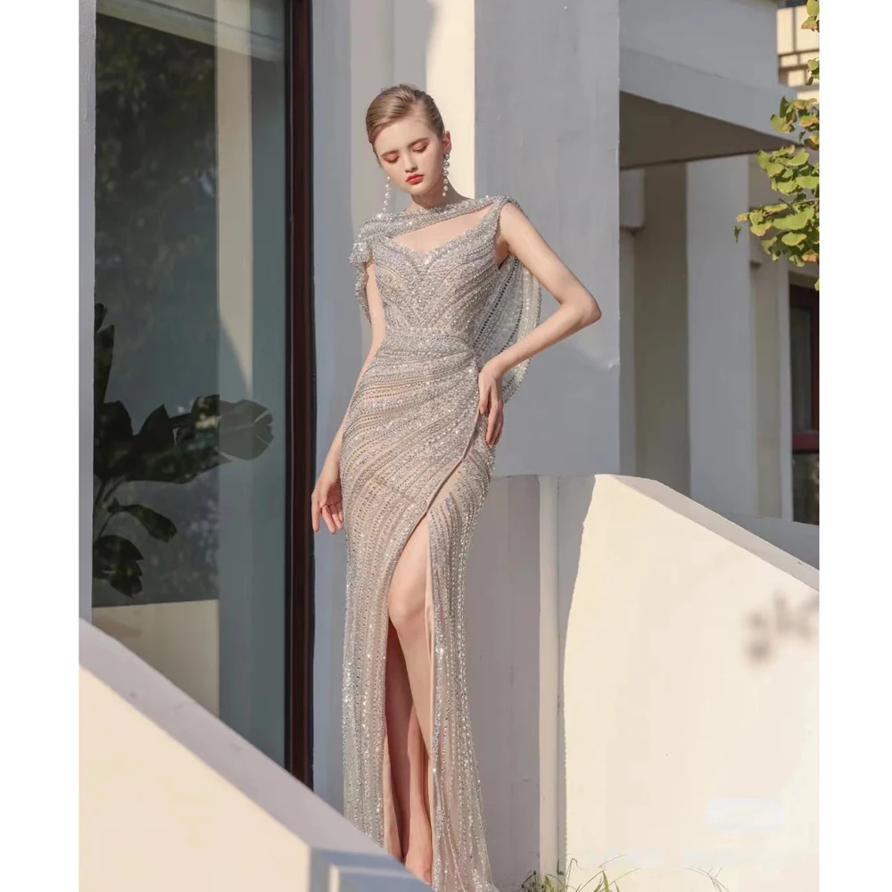 Luxury Silver Mermaid Dubai Evening Dresses With Cape Heavy Beaded High Split Prom Gown For Women Wedding Party Formal Occasion