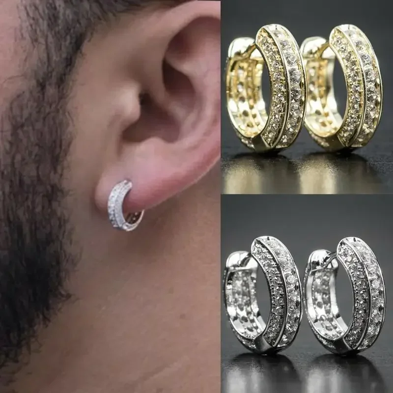 Pendientes de aro helados con circonita cúbica, puño de cartílago Huggie, pendientes redondos hipoalergénicos de lujo a la moda para hombres, joyería