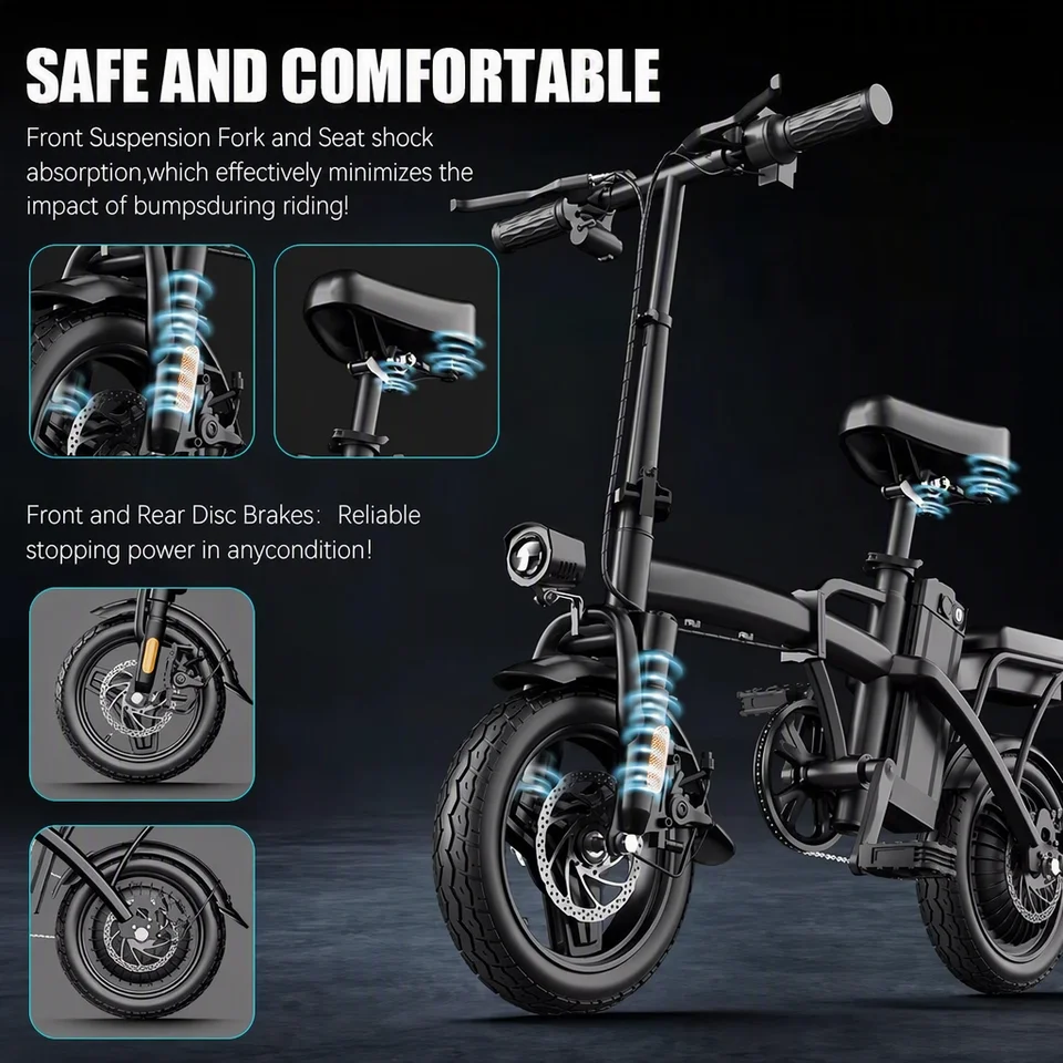 14 Inch Foldable Electric Bicycle 500W Motor 19.9MPH Max Speed Removable Battery 3 Riding Modes Dual Suspension Commuter Folding E Bike image 6
