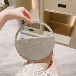 Ins Women's Clutches Fashion Party Round Shape Silver Rhinestone Mini Handbag