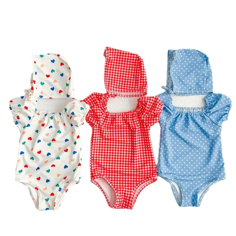 New Summer Newborn Swimsuit Swim Cap Suspender Haye Baby Swimming Beach Jumpsuit Two-piece Set for 0-2 Years Old Girls