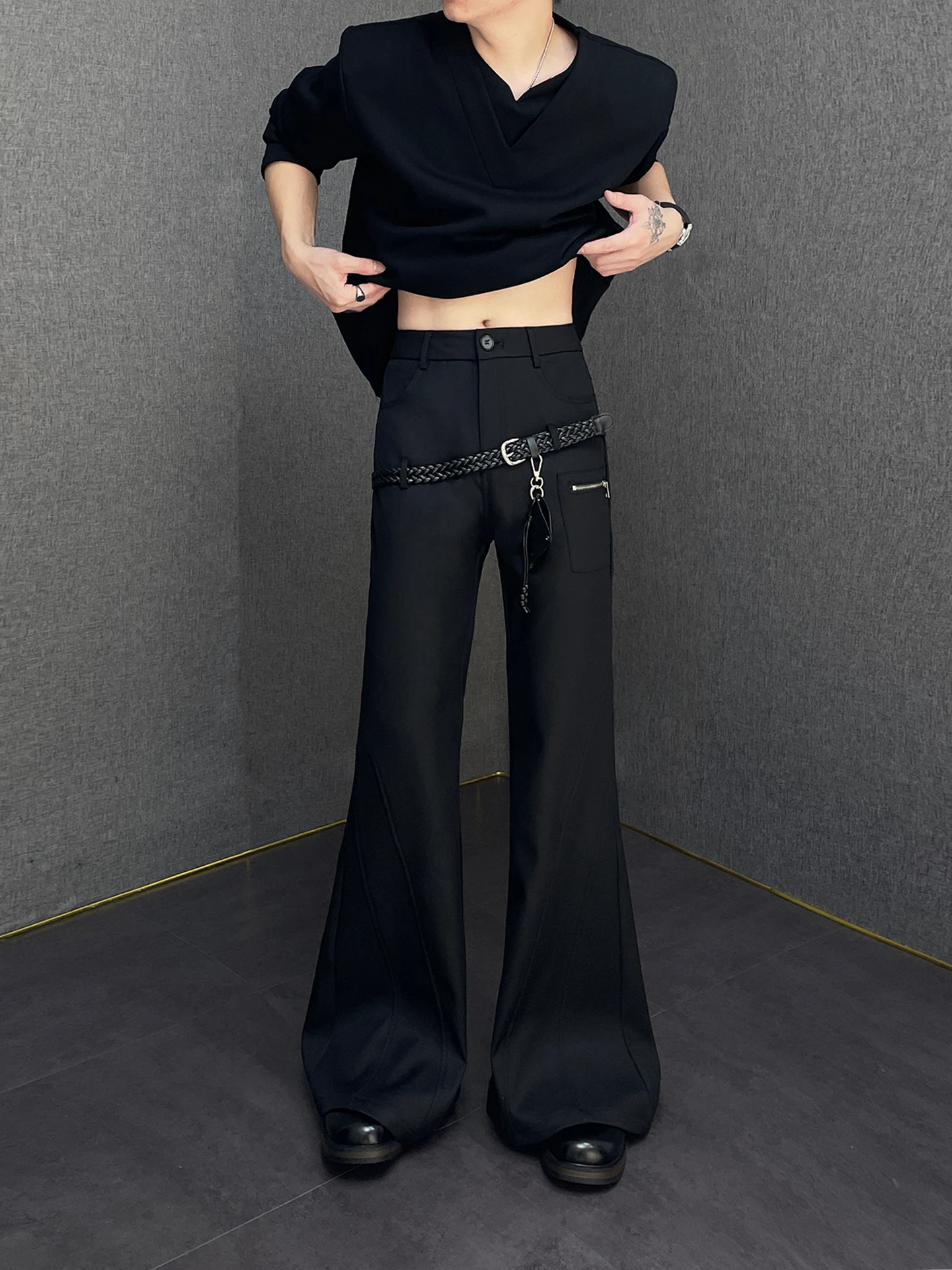 

Black Micro Flare Pants Casual Men's West Pants High Waist Long Pants Deconstructed Design Sense Weave Belt Urban Fashion