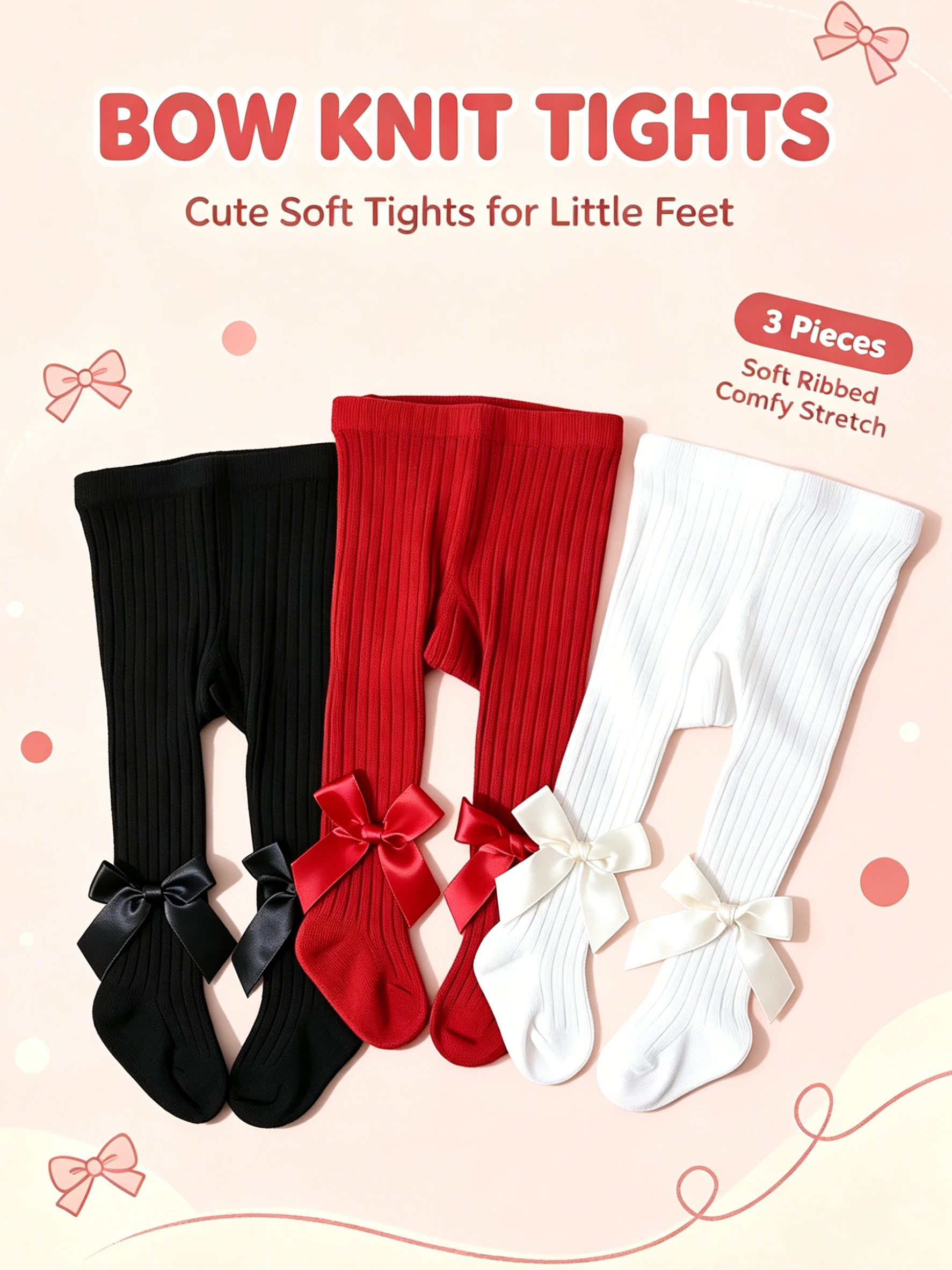 3Pack Toddler Baby Girls Vertical Rib Tights Glossy Satin Bow Soft Elastic Solid Pantyhose All Season Daily Outfit Leggings 0-2Y