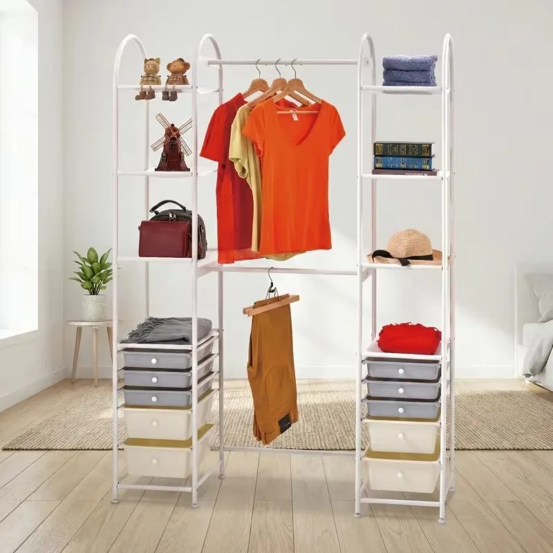 Modern Freestanding Coat Rack with 5 Shelves and Drawers, Space-saving, Metal, Suitable for Bedroom Furniture