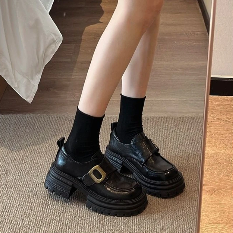 

​Women's Thick Sole Loafers Vintage British Style Round Toe Shoes New 2025 Spring and Autumn Fashion Height Increase Footwear