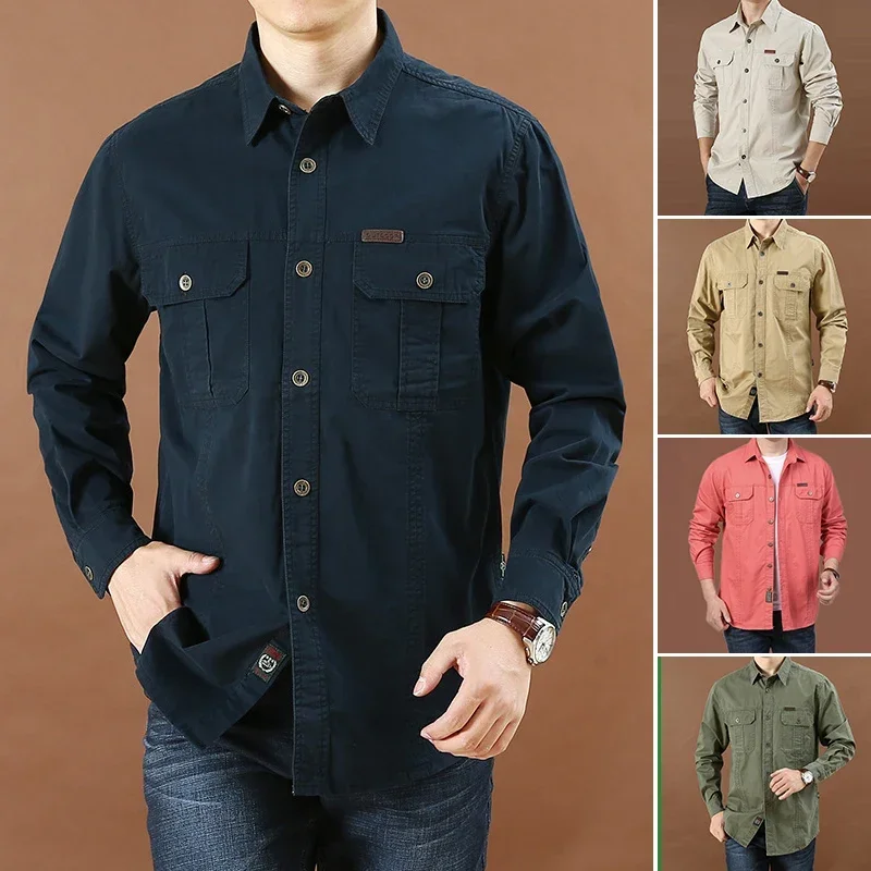 Camisas de manga comprida extragrandes masculinas, Negócios formais, Carga, Casual, Magra, Bolso, Monocromática, Moda masculina, Roupas de marca