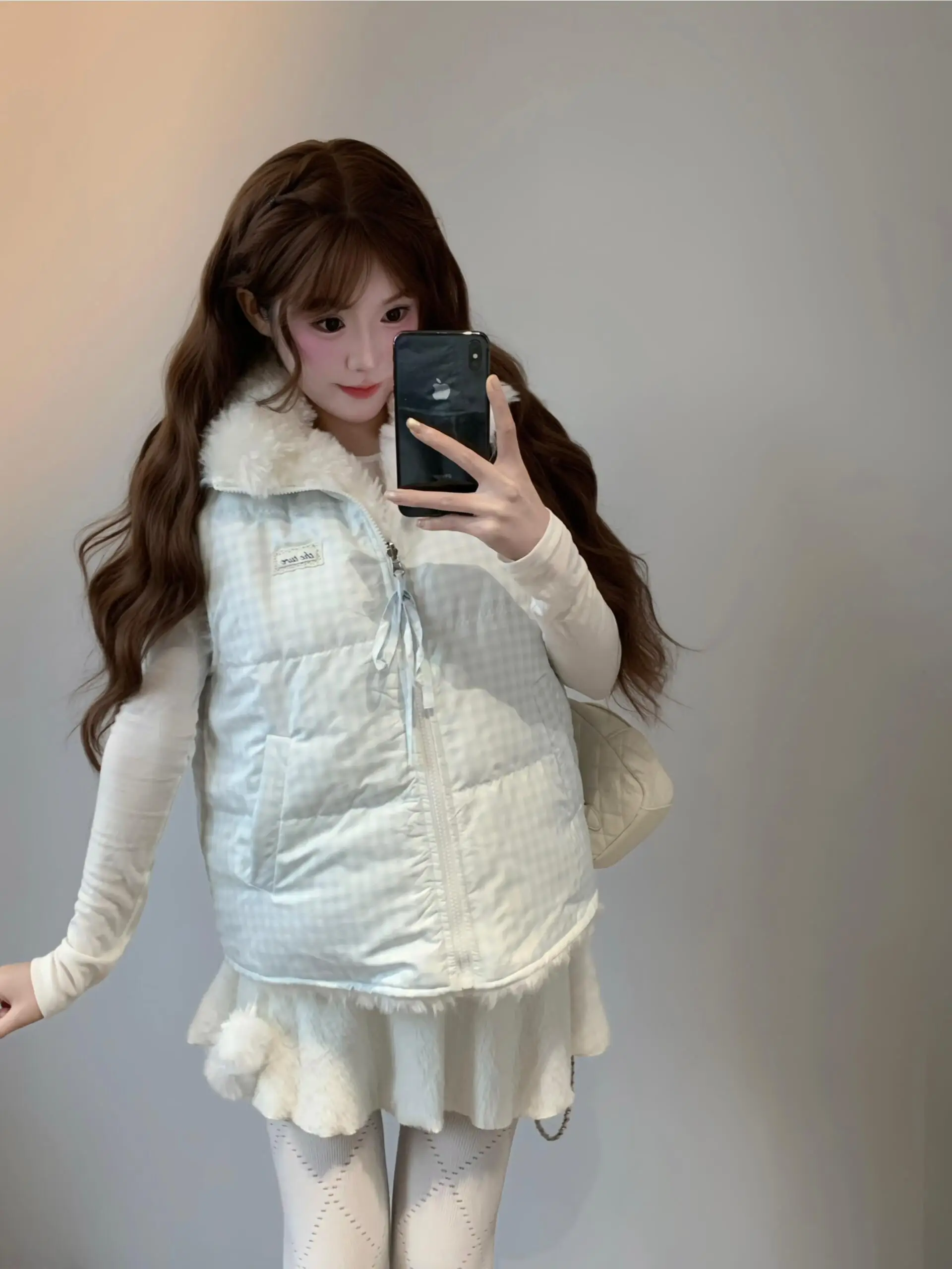 Adorable Sweet Blue Plaid Bowtie Furry Warm Vest Coat for Small Figures Winter 2025 New Arrival Women's Fashion Outerwear