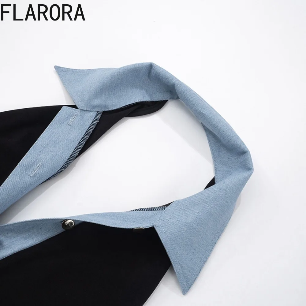 FLARORA สีดำ DENIM PATCHWORK Bodycon Rompers ผู้หญิงเชือกแขวนคอแขนกุดชุดเพลย์สูทชิ้นเดียวฤดูร้อนใหม่สตรีทชุดเอี๊ยม