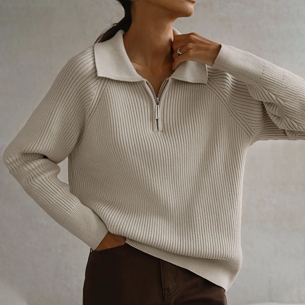 New trend for autumn and winter 2025: versatile, simple and casual polo collar, lapel, pullover, knitted sweater for women