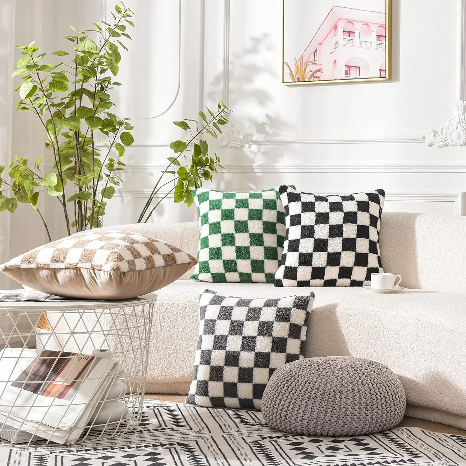 Luxury Checkerboard Faux Fur Pillow Case Green Chessboard Pattern Decor Throw Pillow Cover for Couch Sofa Bedroom Home Decor