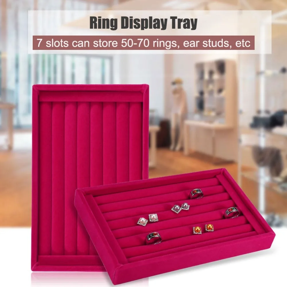 صينية عرض حلقية من مادة مخملية عملية، لون أحمر، 7 فتحات، تصميم حامل حلقي، منظم حلقي، سهل الوصول