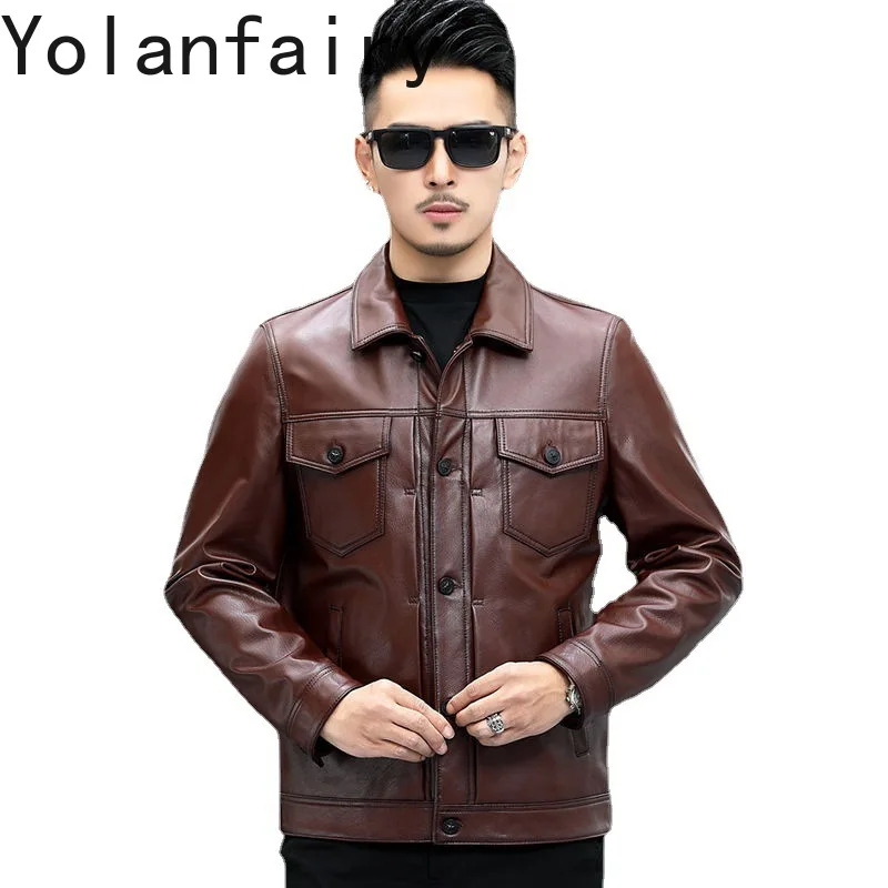 

YOLANFAIRY Genuine Leather Cowhide Men's Clothing Spring Summer Short Coats Lapel Motorcycle Jacket Sizes M-5XL Casaco Masculino