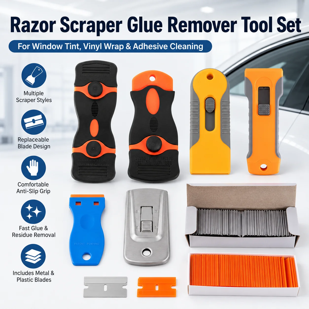 Razor Scraper Set with Replacement Blades for Car Window Tint Glue Removal, Vinyl Wrap Sticker Residue & PPF Removal Tool