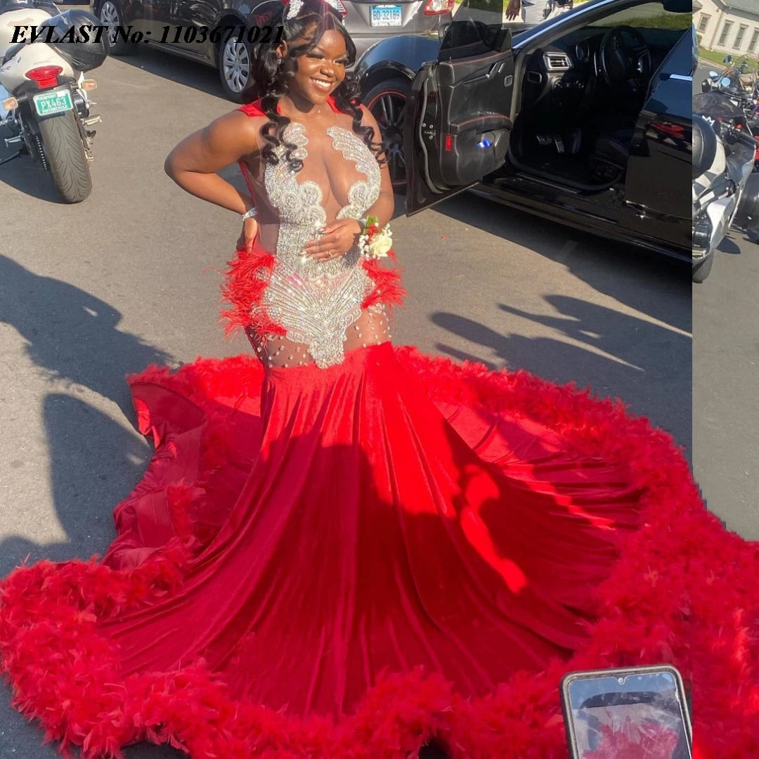 EVLAST Customized Red Feather Mermaid Long Prom Dress For Black Girls Silver Crystal Beads Party Gala Gown Robes De Soirée P123