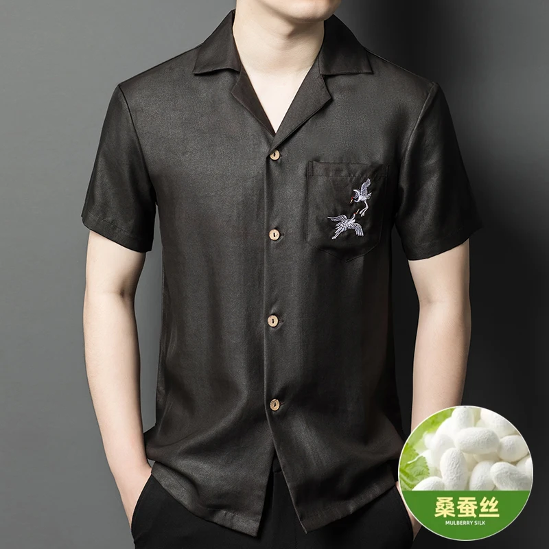 Mulberry Silk Crane Embroidery Shirts For Men Thin Short Sleeved Summer Quality Gambiered Canton Gauze Premium Camisas De Hombre