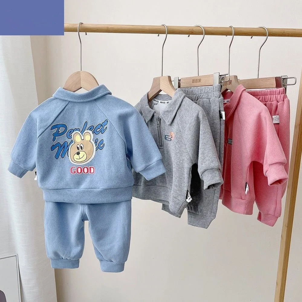 Baby-Sweatshirt-Kleidungssets 2026 Herbst Kleinkind Jungen Mädchen Süßer Bären-Print Halb-Reißverschluss Pullover+Hose 2-teiliges Kinder-Freizeit-Outfit – Detail 1