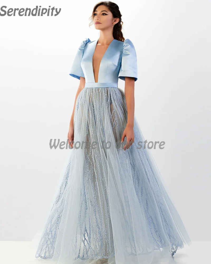 Serendipity Abendkleid V-Ausschnitt A-Linie elegante Spitze Pailletten Kurzarm Organza Empire maßge schneiderte Ballkleid für Frauen 2024