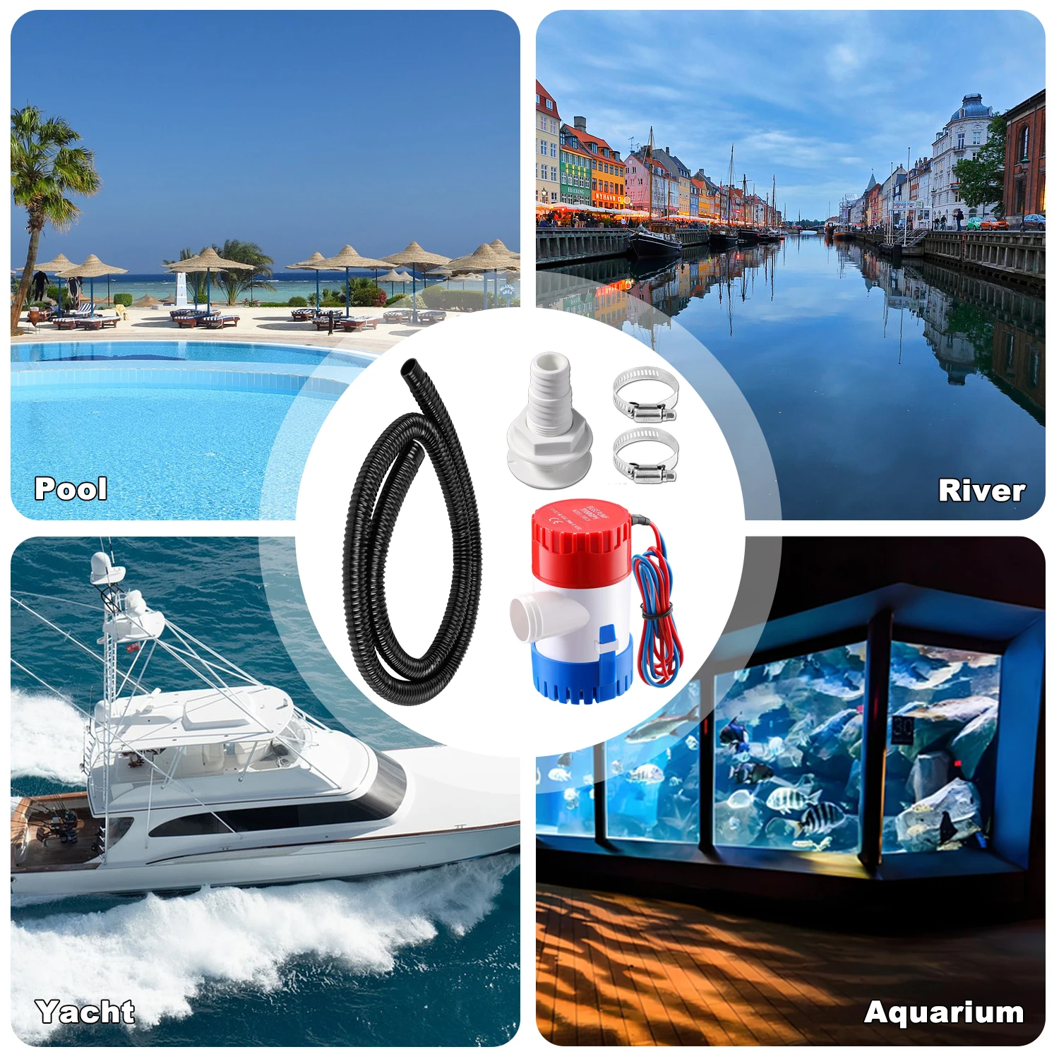 Pompa di sentina marina 1100GPH Kit idraulico pompa Dia 12V 1-1/8 pollici con tubo flessibile da 6 piedi 2 morsetti e raccordi a scafo passante per Yacht da barca