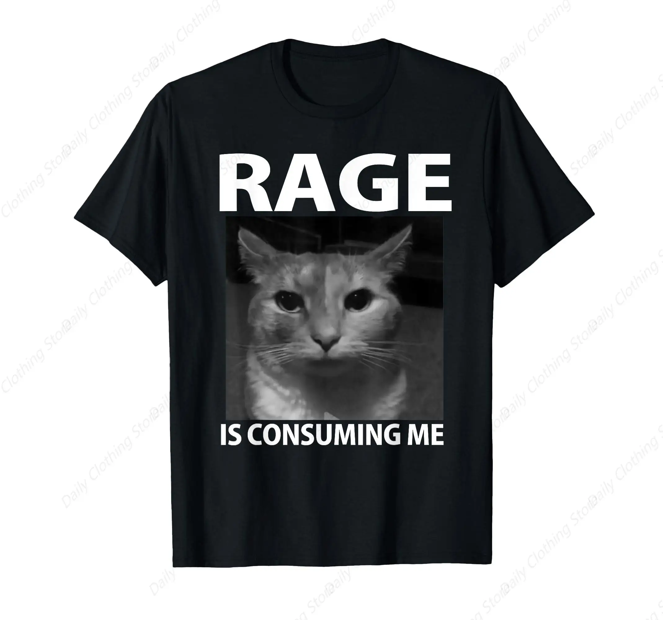 Rage is Consuming Me Silly Staring Cat Meme T-Shirt Outdoor Sport Tops Leisure Gifts Funny Graphic Short Sleeve Daily Prevailing