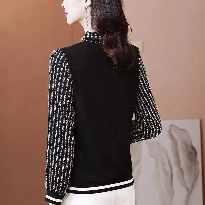 Falso duas peças de blusa feminina 2025 nova moda versátil impresso camisa de manga comprida camiseta topo feminino