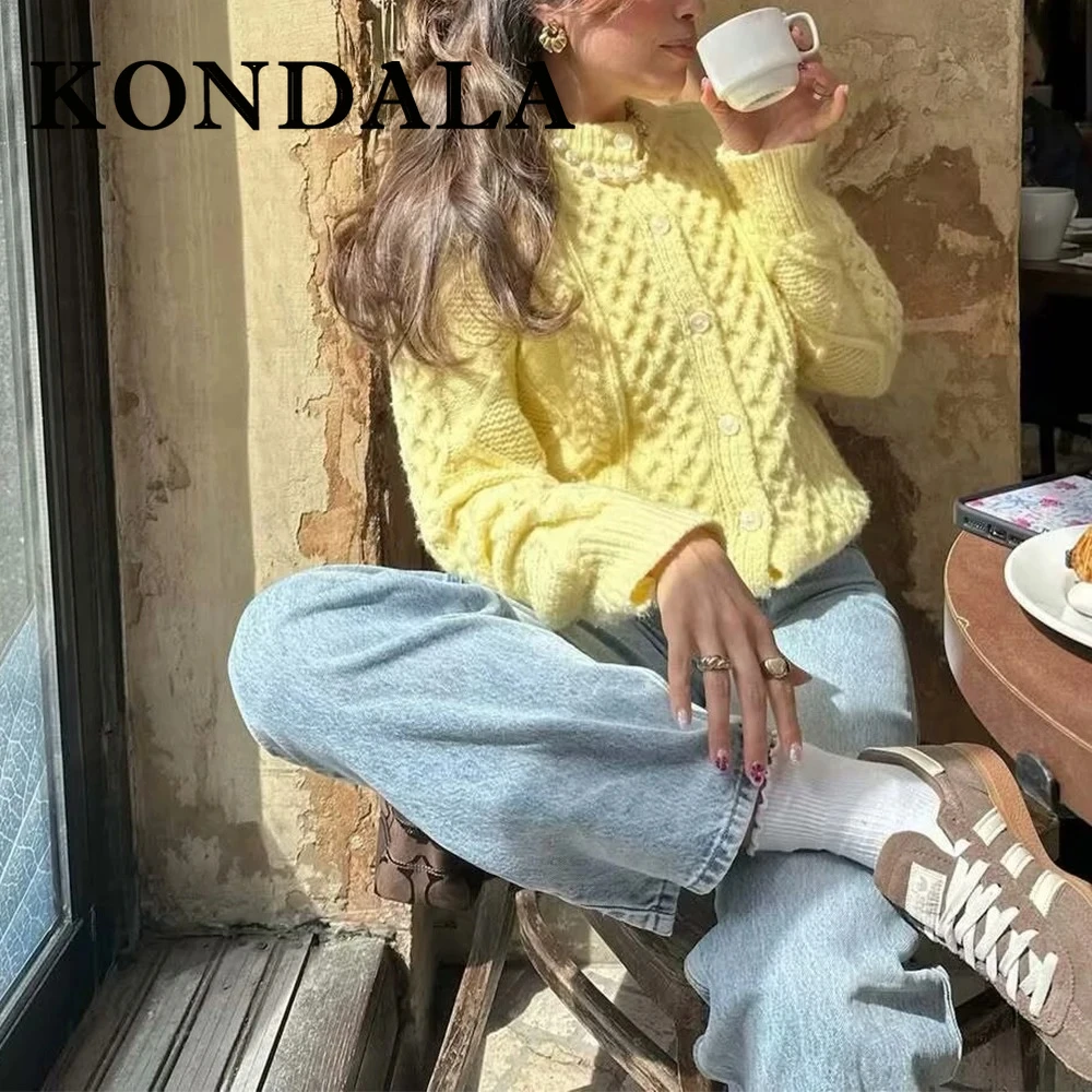 KONDALA Chic Solid Knitted Woman Long Sleeve Sweather Fashion 2025 Summer O-Neck Single Breasted Mujer Straight Vintage Knitwear
