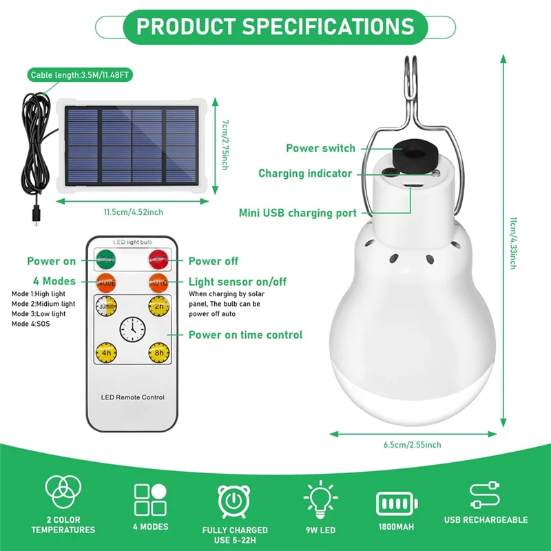 Portable Solar Light Bulbs USB Rechargeable Emergency LED Bulbs With Remote Timer Fit For Shed Hiking Camping Tent 2 Set