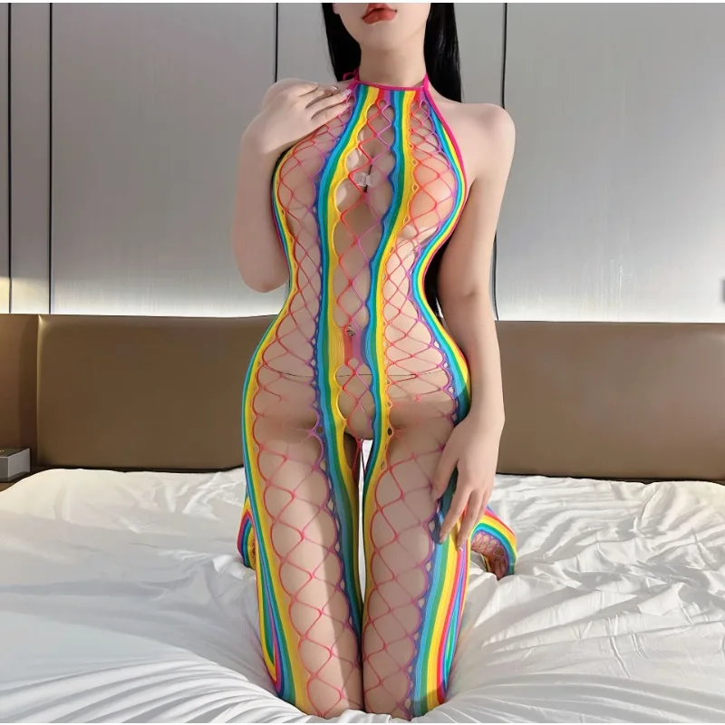 

Женский сексуальный красочный комбинезон для рыболовной сети с открытой промежностью, флиртный и горячий на кровати, страстная одежда для сна, полночное очарование