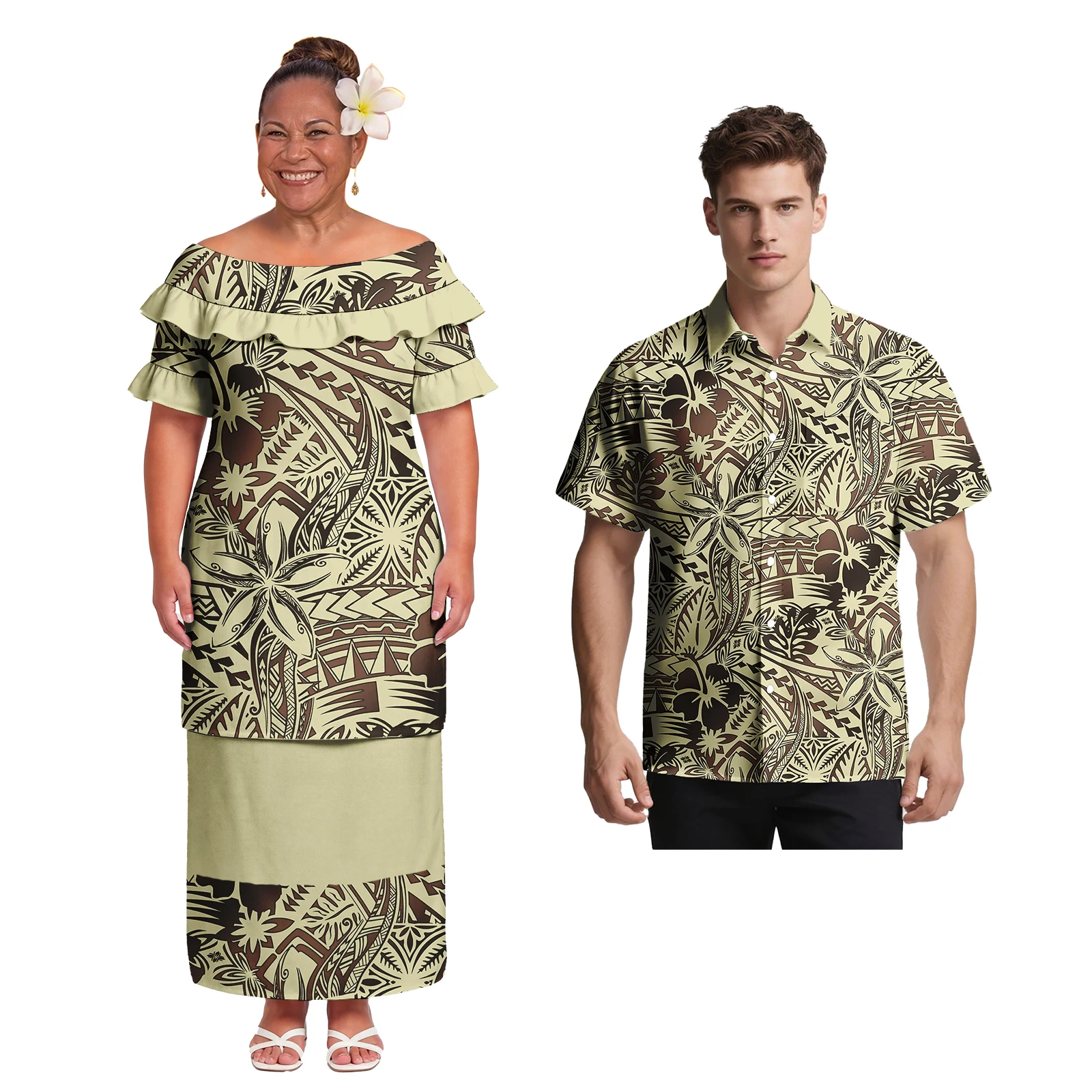 

Custom Sweet Lovers Clothing in Bulk Polynesian Holiday Prom Women Puletasi Dress Men Aloha Shirts Samoan Tribal Couple of Set