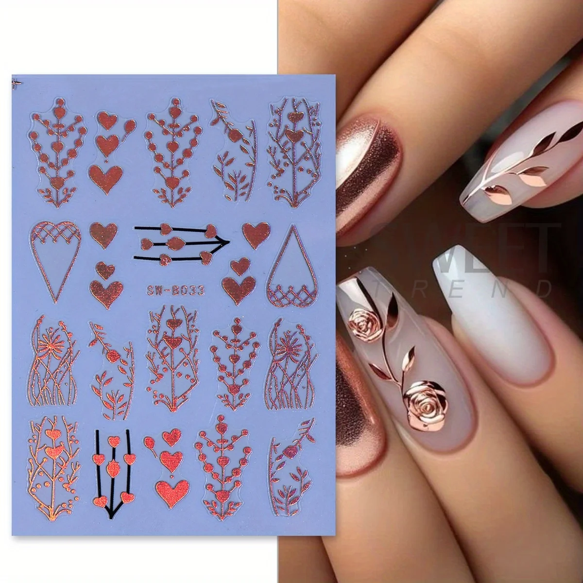 Autocollants pour ongles en forme de cœur métallique, 4 pièces, Laser bronzant, or Rose, feuille de plante, paillettes, décalcomanie adhésive, vie Simple, curseur de manucure chic