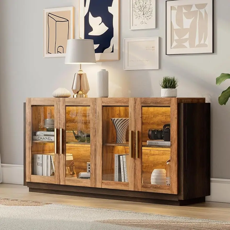 

Sideboard Buffet Cabinet, Mixed Color with LED Lights, Modern Glass Doors Storage Cabinet with Adjustable Shelf, Console Table