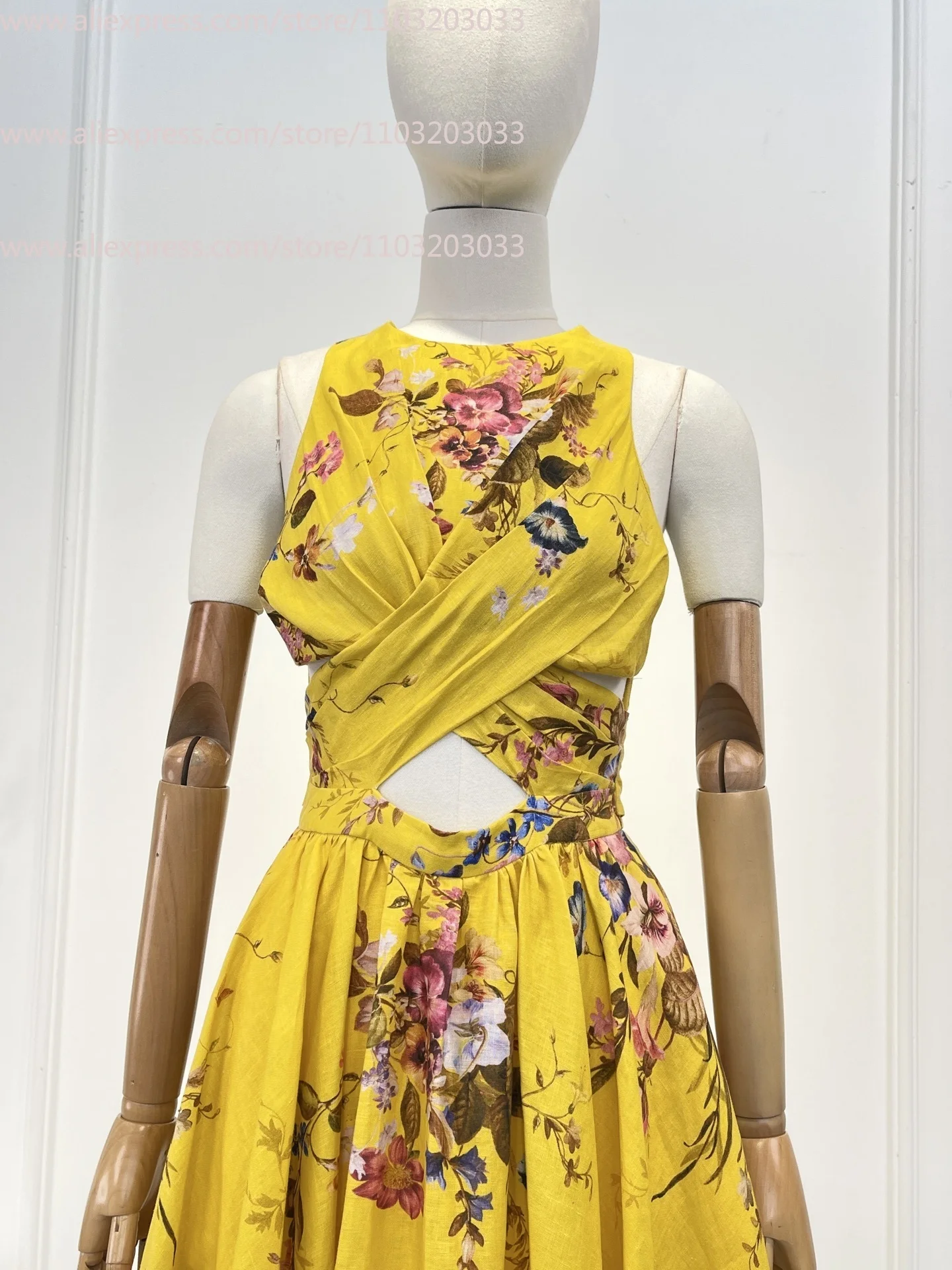 Casual dames taille uitgesneden bloemenprint mouwloze midi-jurk