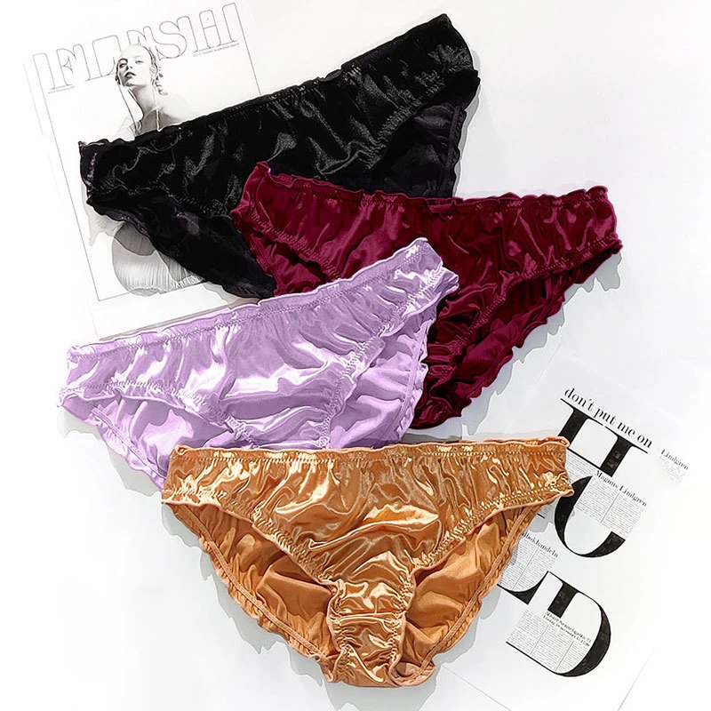 EUR Size Women's Satin Panties Mid Waist Ruffle Sexy Underwear Comfortable Breathable Briefs Luxury Elastic Ladies Underpants