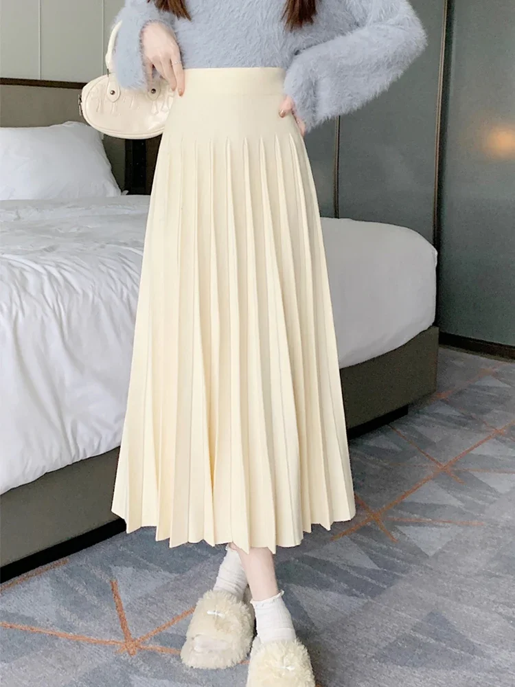 Knitted Long Skirt for Women 2024 Autumn Winter Korean Simple Solid A Line High Waist Pleated Warm Midi Skirt Female Z468