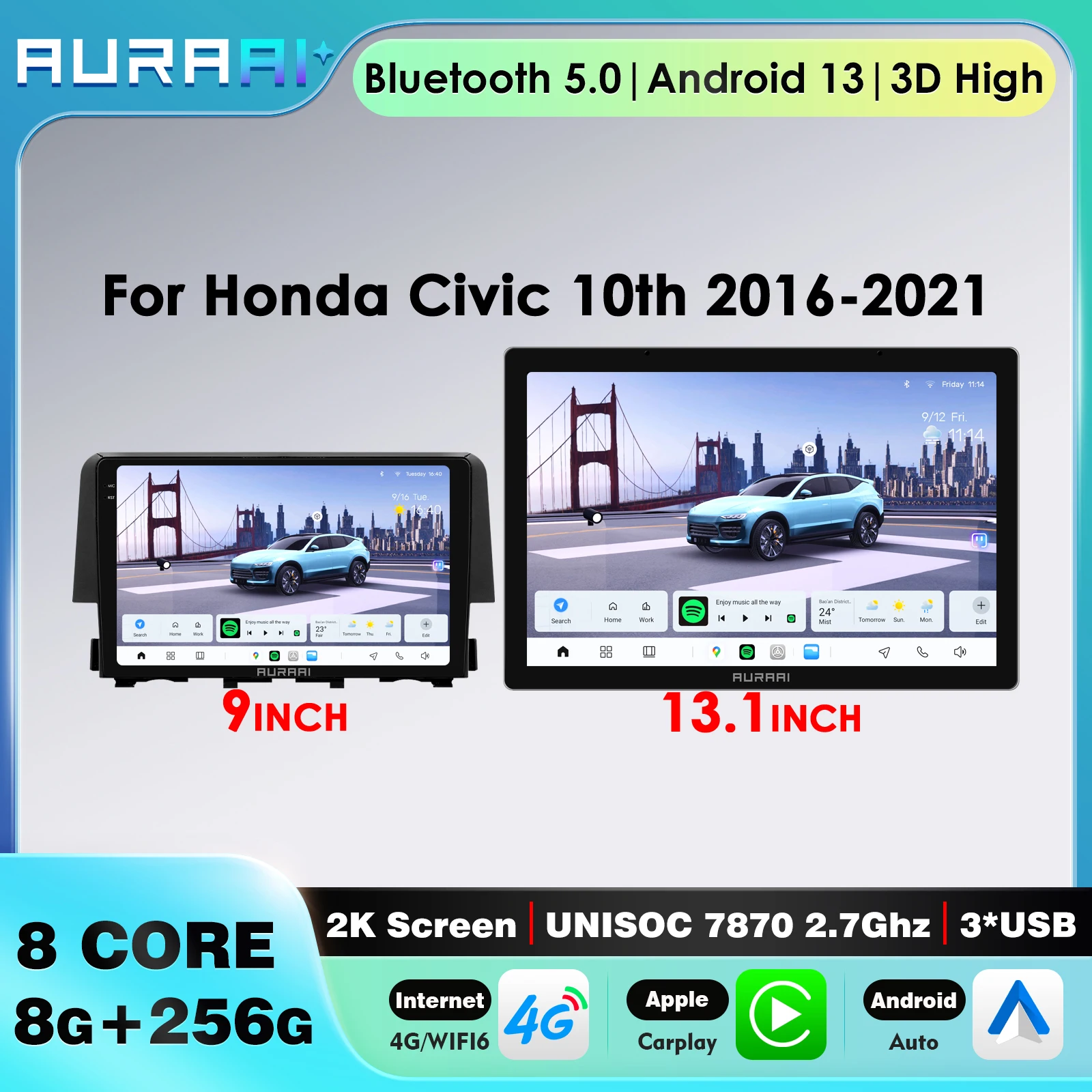 Автомобильная стереосистема для Honda Civic 10th 2016-2021, мультимедийный плеер с Carplay и Android Auto, GPS, интеллектуальные автомобильные системы, ADAS, 360cam, WiFi, 4G