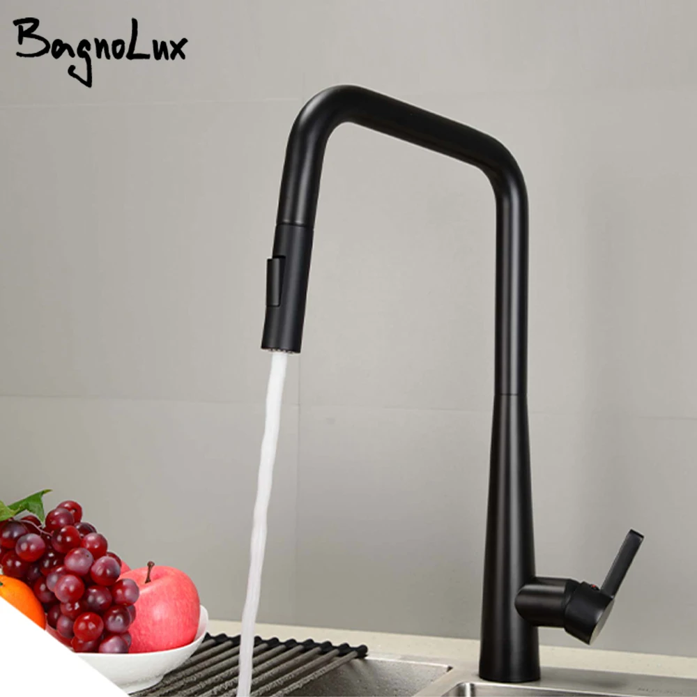 

Bagnolux Black Brass Deck Mounted Kitchen Faucet Two Function Single Handle Pull Out Mixer Hot and Cold Water Pull Out Taps