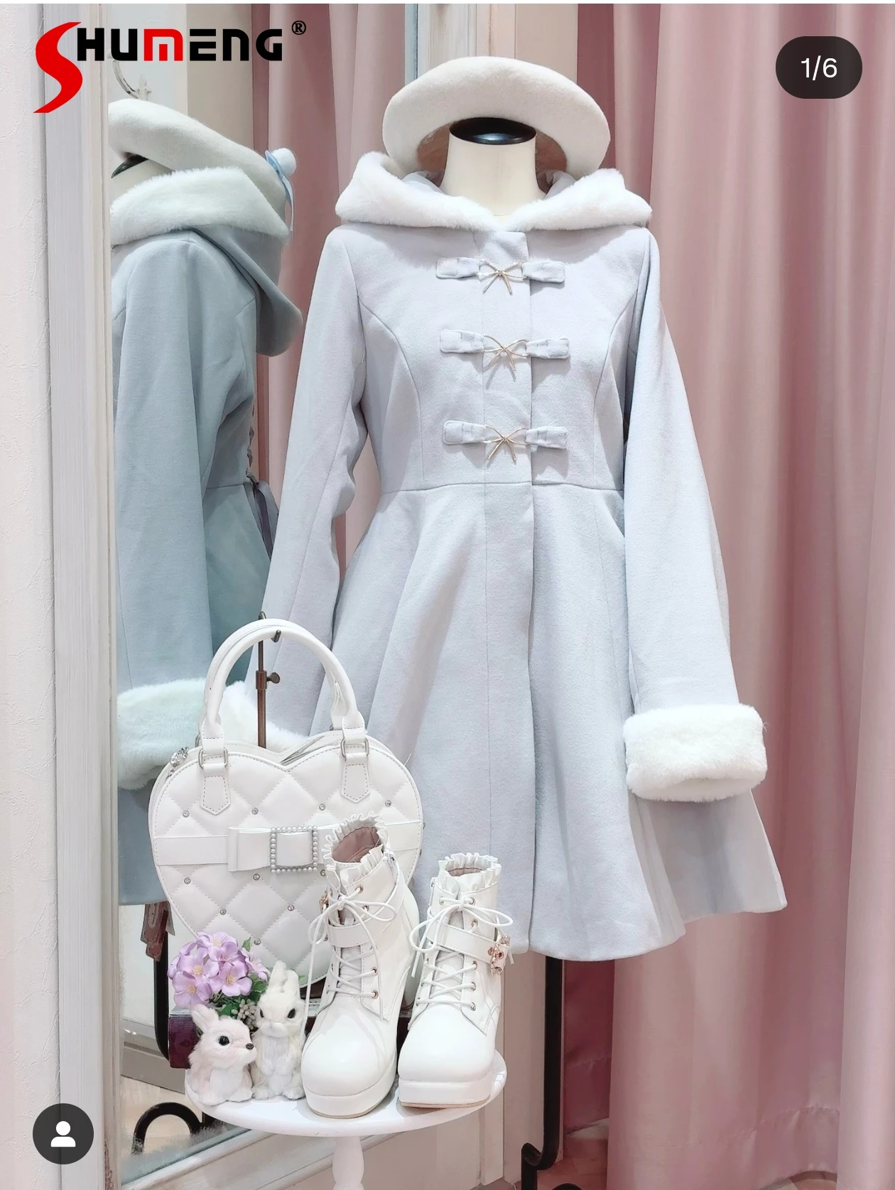 Japanese Sweet Cute Girl Fluffy Hooded Woolen Coats Bow Single-Breasted Loose Versatile Kawaii Lolita Long Jackets Women Winter