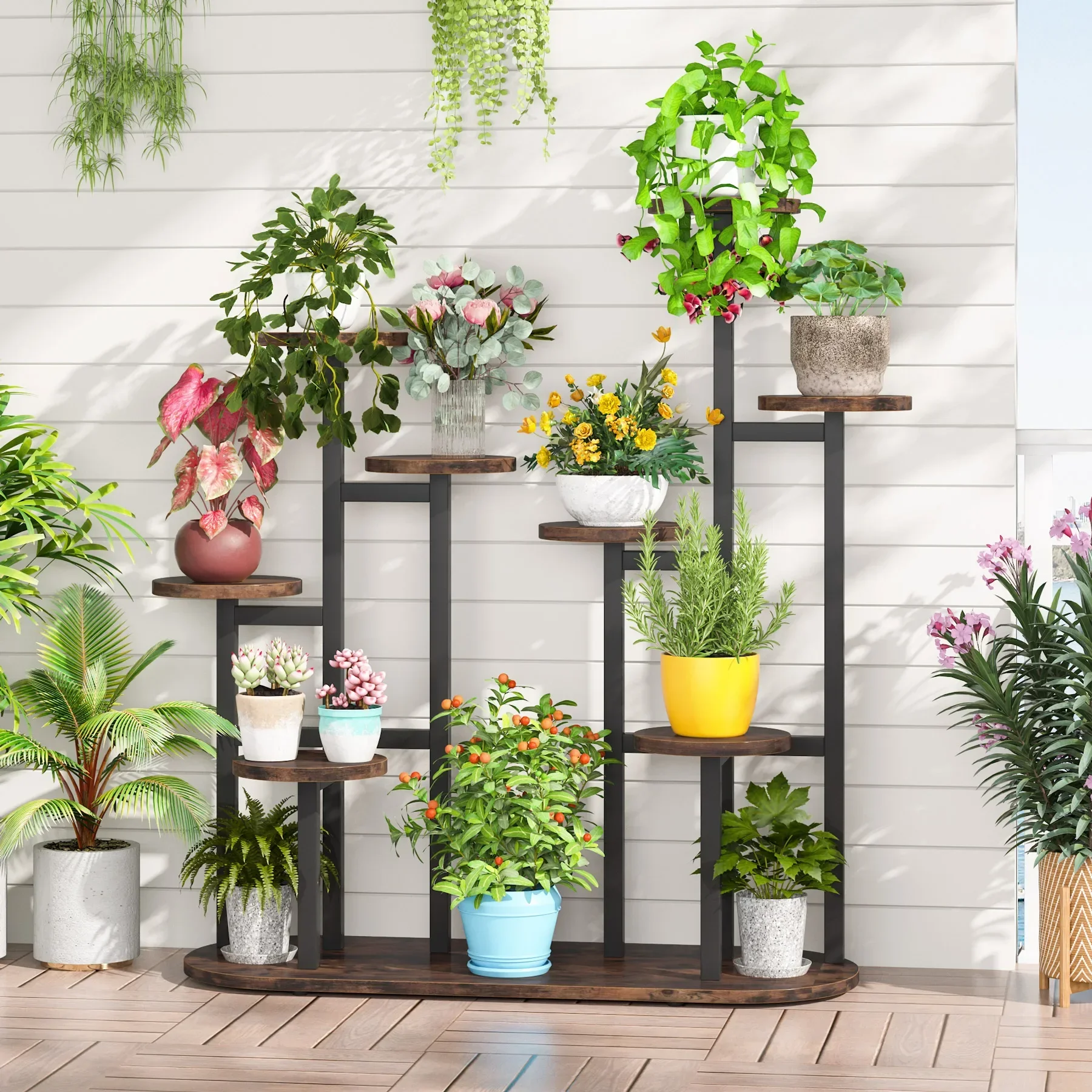 マルチレベルの植物スタンド、窓、庭、バルコニー、コーナー、リビングルーム用の11の鉢植えの花の棚