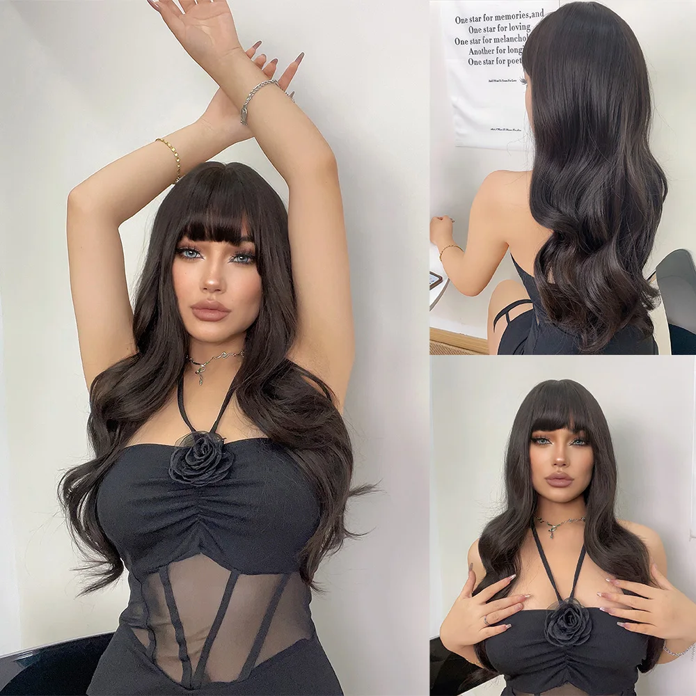 

26Inch Black Color Synthetic Wigs With Bang Long Natural Wavy Hair Wig For Women Daily Use Cosplay Drag Queen Heat Resistant