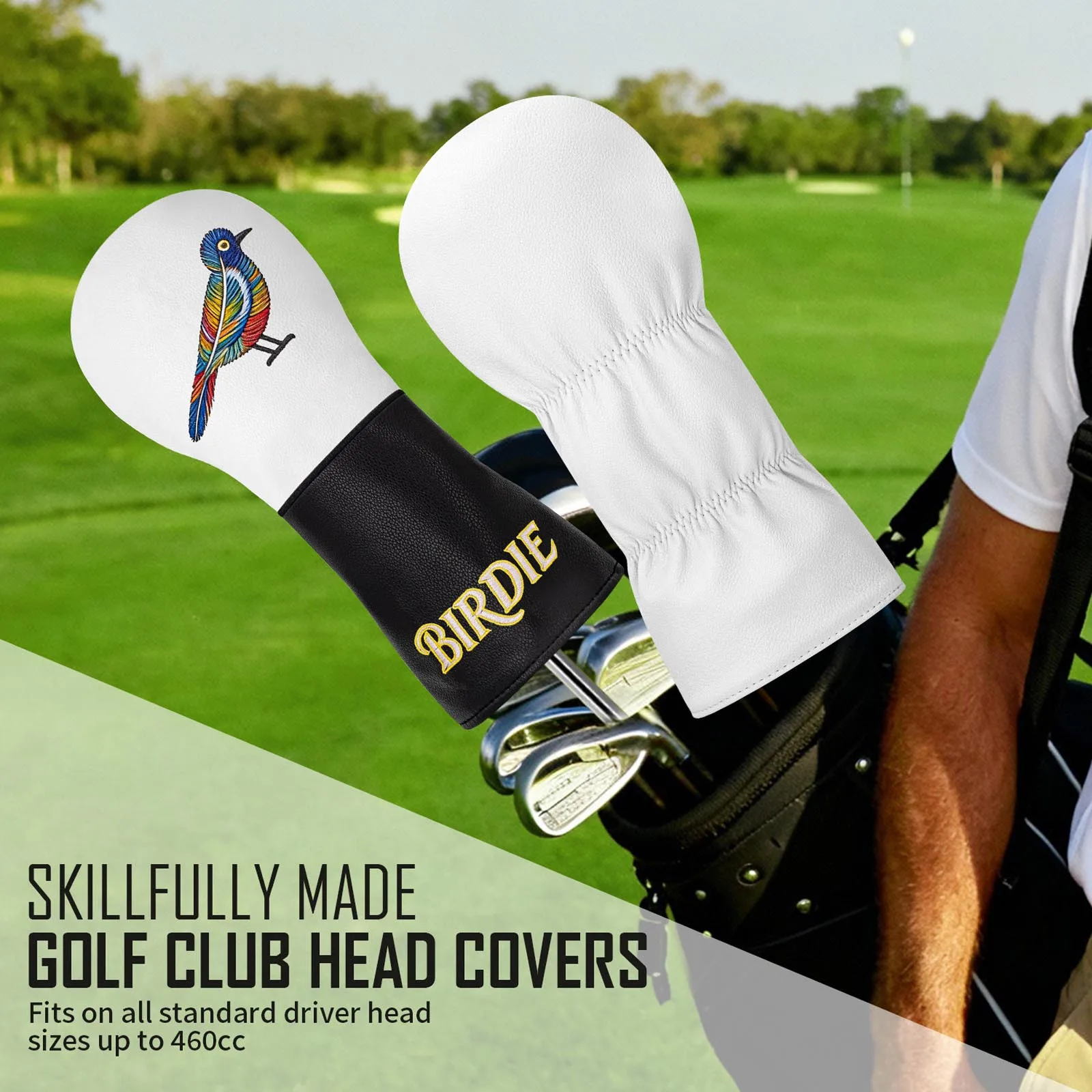 Colorful Bird Embroidery Golf Headcover Elastic Bands Color Block Water Resistant PU Leather Club Head Cover