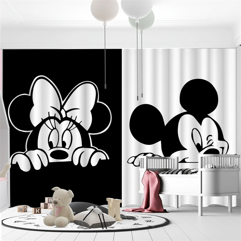 MINISO Curtains Cartoon Black and White Mickey Mouse Full Blackout Children\'s Room Curtains Bedroom Soundproof Sunshade Cute