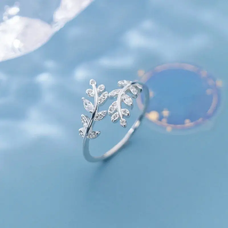 925 Sterling Silver Small Leaves Micro-insert Opening Ring Simple Fashion Sweet Temperament Leaf Ornaments