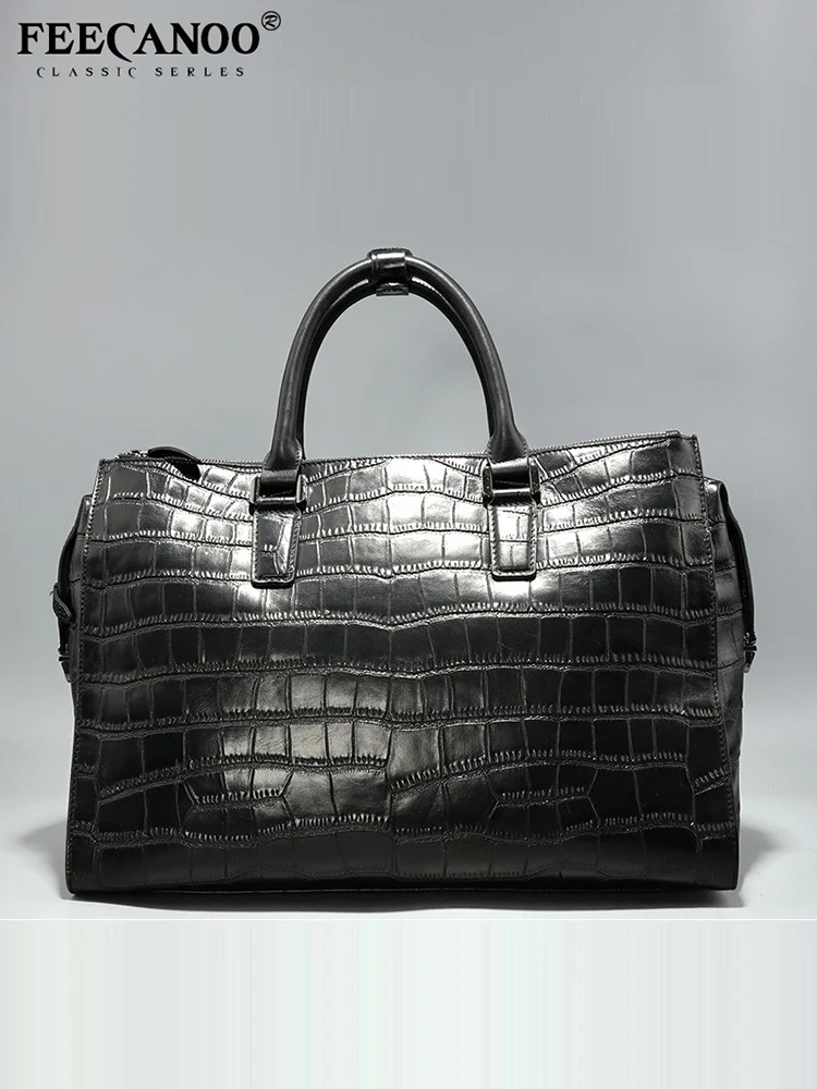 

2026 New Trendy Genuine Leather Men's Handbags Black Leather Travel Bag Casual Briefcase Business Tote Bag Cowhide Crocodile Pa