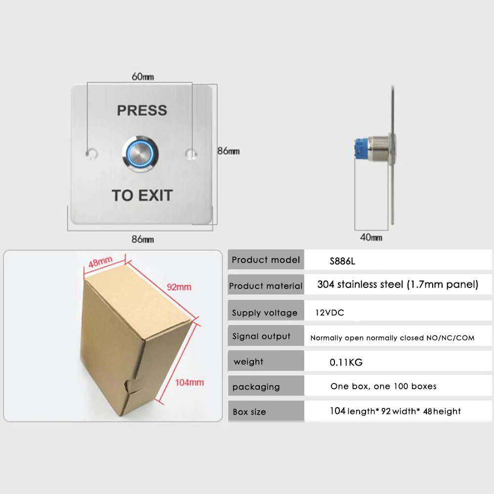 LED stainless steel Backlight Exit Button Door access control system kit NC NO COM  For Door Lock Access Control System