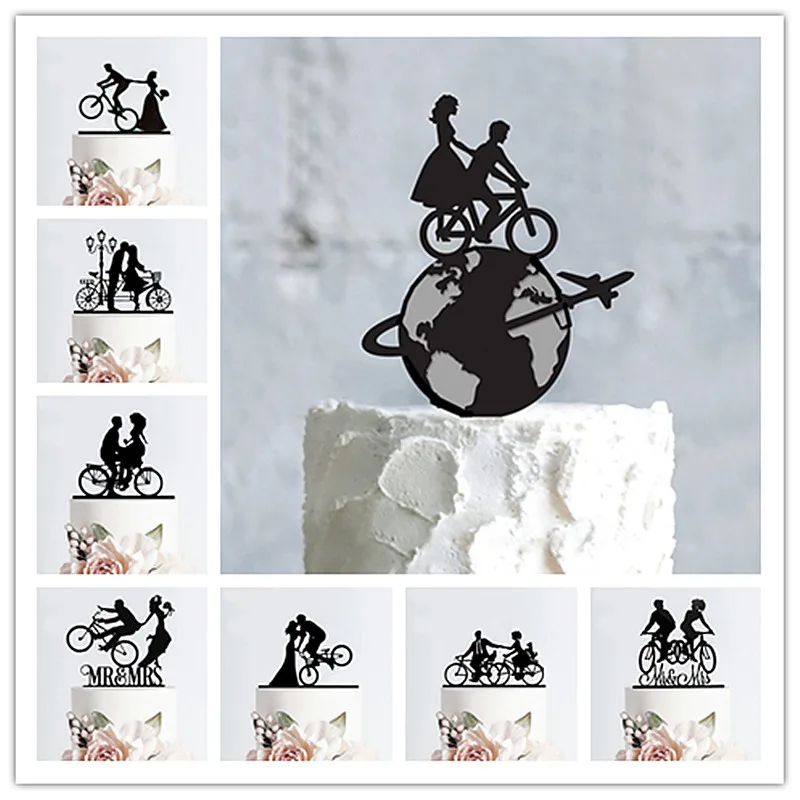 Bicycle Style Cake Topper Black Acrylic Funny Wedding Mr And Mrs Silhouettes Road Bike Cycler's Cyclist Birthday Cake Supplies